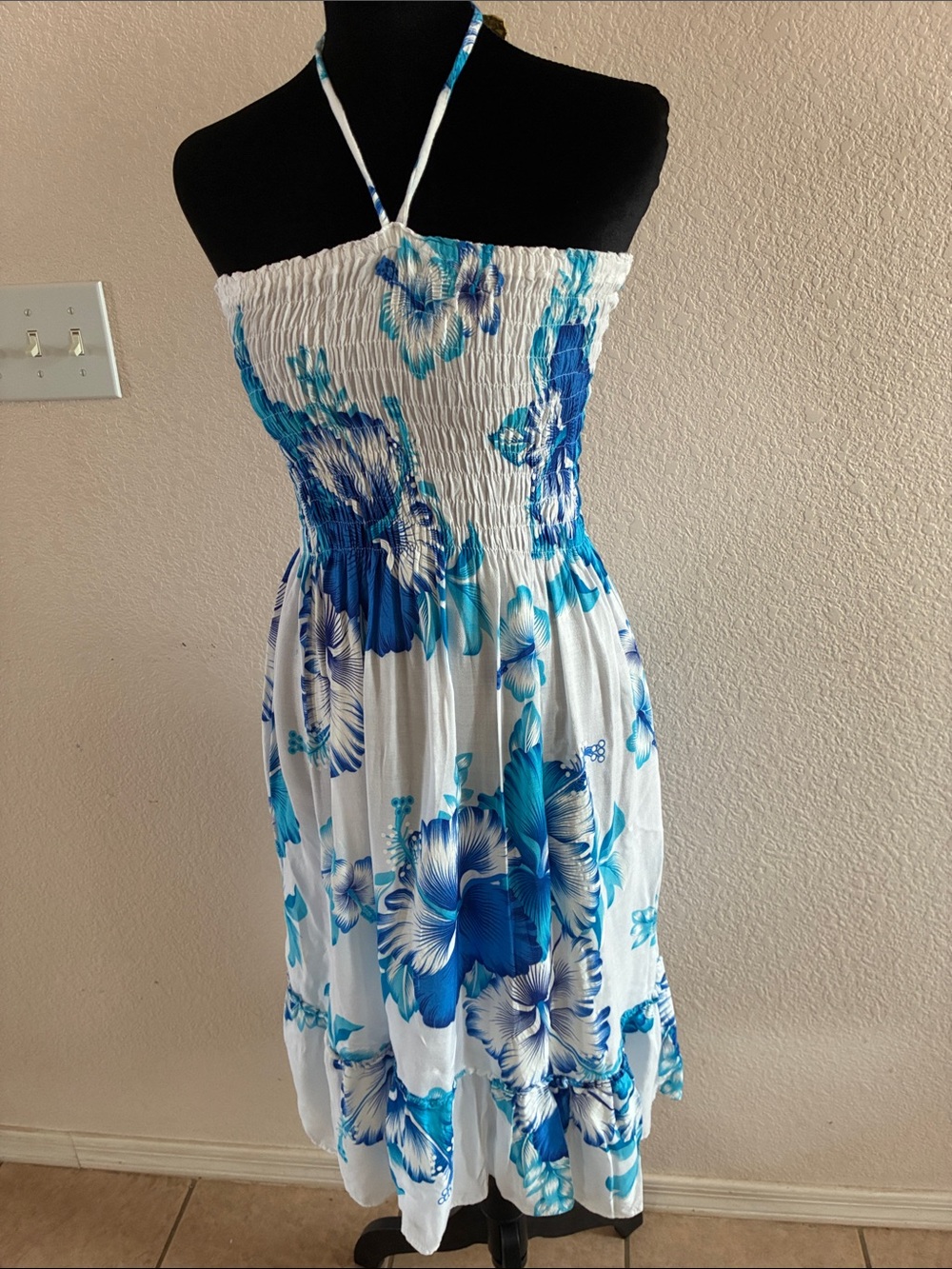 White and Blue Floral Smocked Halter Midi Dress